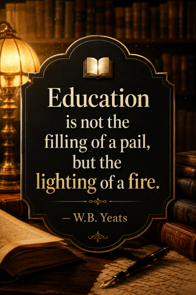 Warm vintage library aesthetic graphic displaying William Butler Yeats' famous quote on education and lighting a fire of curiosity.