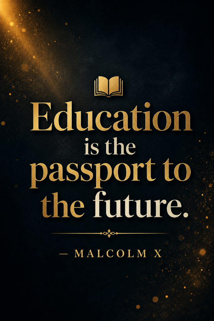 Dark moody aesthetic quote graphic featuring the famous Malcolm X education quote about preparing for the future.