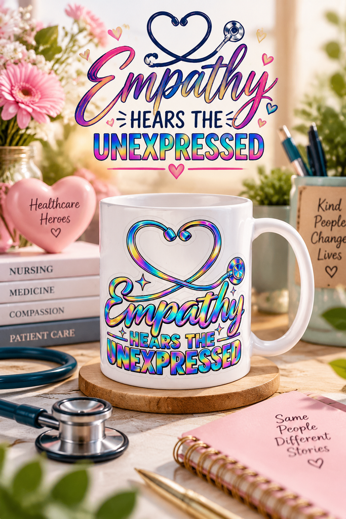 Stethoscope forming a heart with the text "Empathy Hears The Unexpressed" on a holographic sticker.
