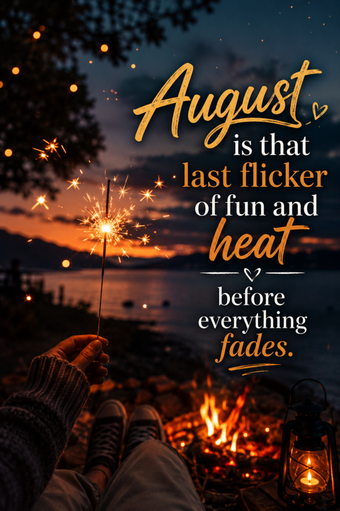A glowing sparkler at dusk with warm orange sparks against a moody blue sky, text reads: "August is that last flicker of fun and heat before everything fades."