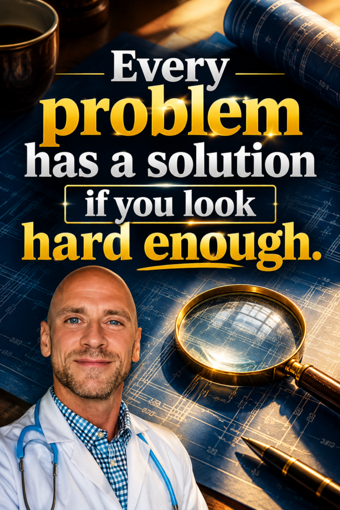 Magnifying glass on blueprints with the text "Every problem has a solution if you look hard enough."