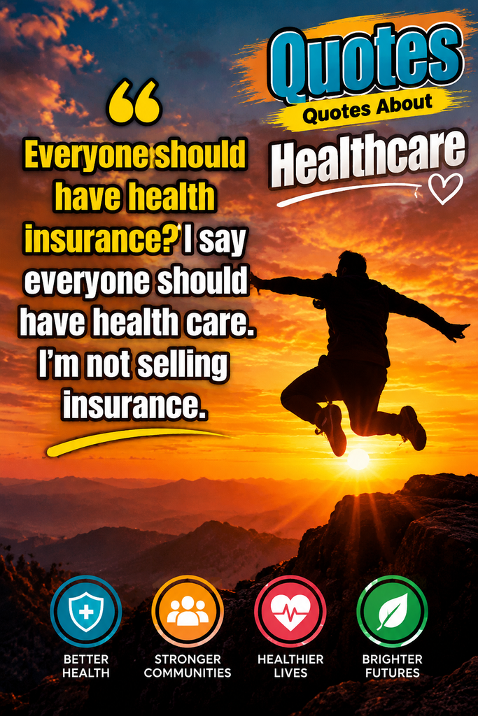 A motivational quotes about healthcare poster featuring a person jumping against a sunset background with bold text saying “Everyone should have health insurance? I say everyone should have health care. I’m not selling insurance.” The design represents healthcare access, public health awareness, stronger communities, and a healthier future.