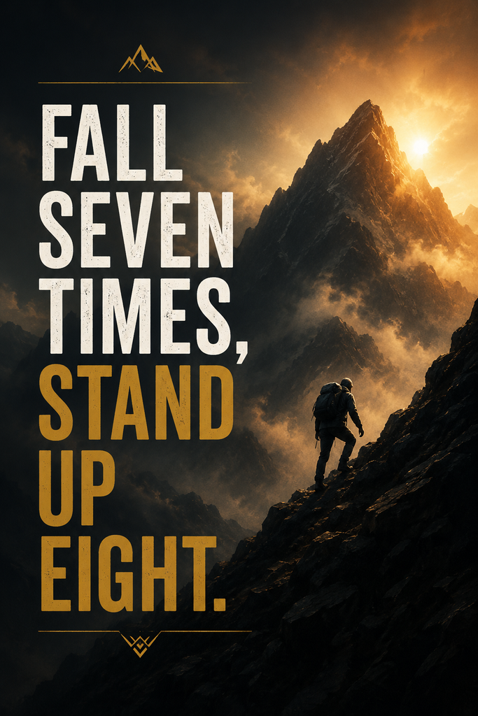 A vertical aesthetic pin showing a hiker on a misty mountain with the quote Fall seven times stand up eight.
