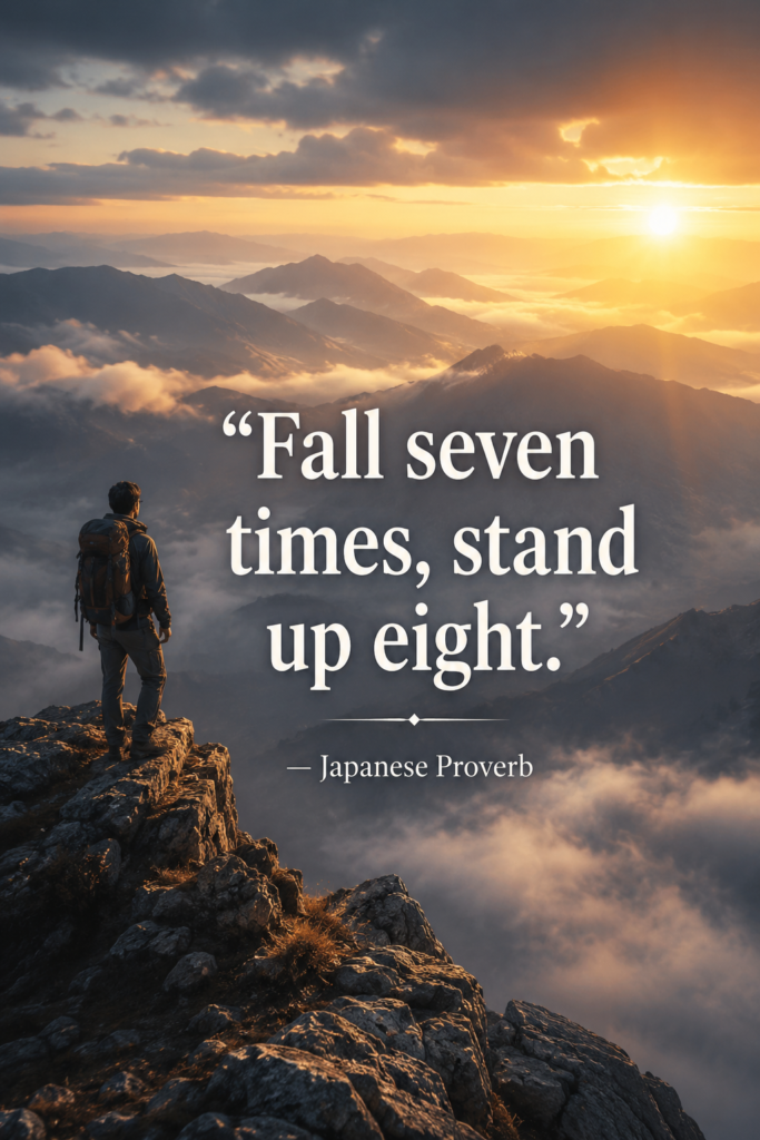 A lone hiker standing on a foggy mountain peak at sunrise with the text Fall seven times stand up eight.