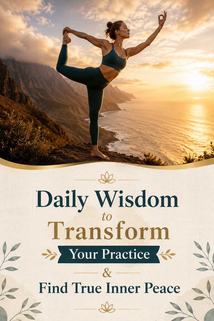 A breathtaking main pin image featuring a yogi in an advanced pose at sunset, with elegant text inviting readers to discover daily wisdom and inspiring yoga quotes for inner peace.