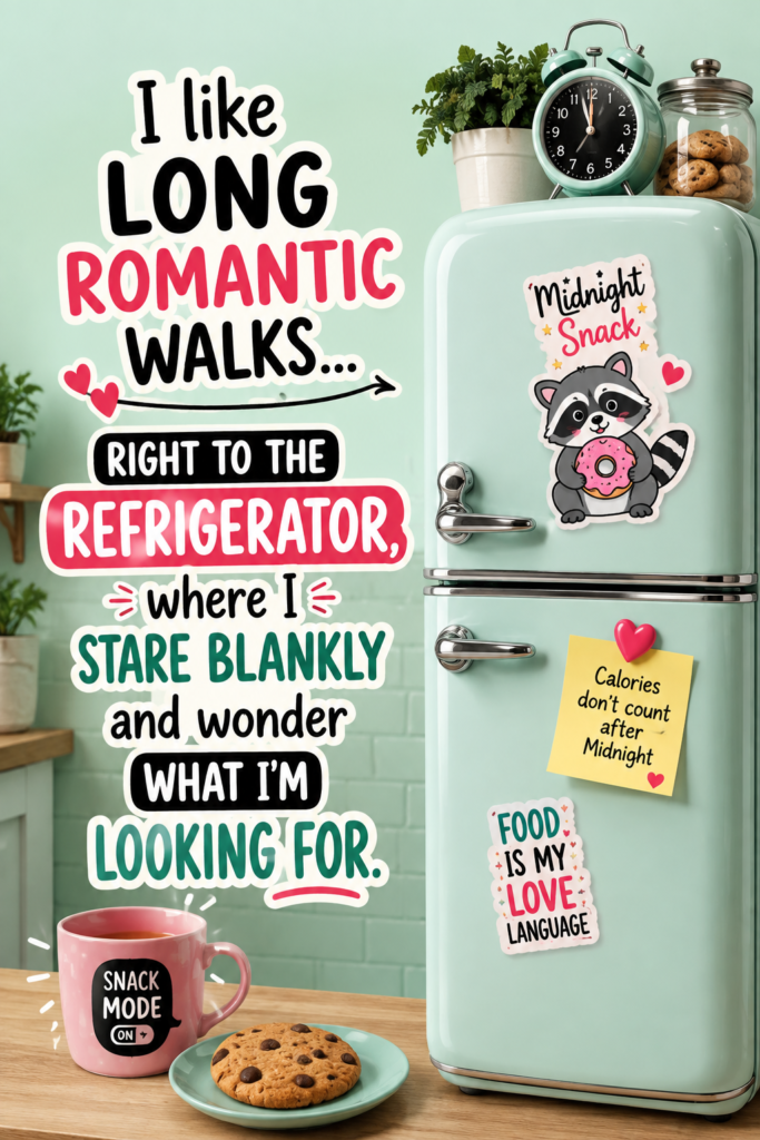 Mint green kitchen-themed Pinterest pin with a cute refrigerator graphic and a funny midnight snack quote.