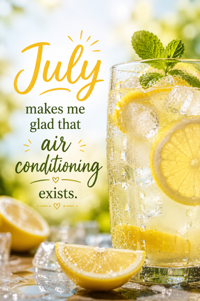 A cold glass of lemonade with ice cubes and condensation, featuring the text 'July makes me glad that air conditioning exists'.