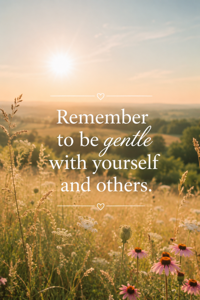 A soft minimalist green meadow under warm pastel sunlight, text reads: "Remember to be gentle with yourself and others."