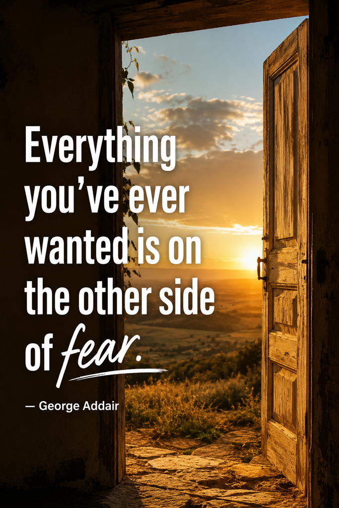 An open wooden door looking out to a bright sunlit horizon with a George Addair quote about fear and growth.