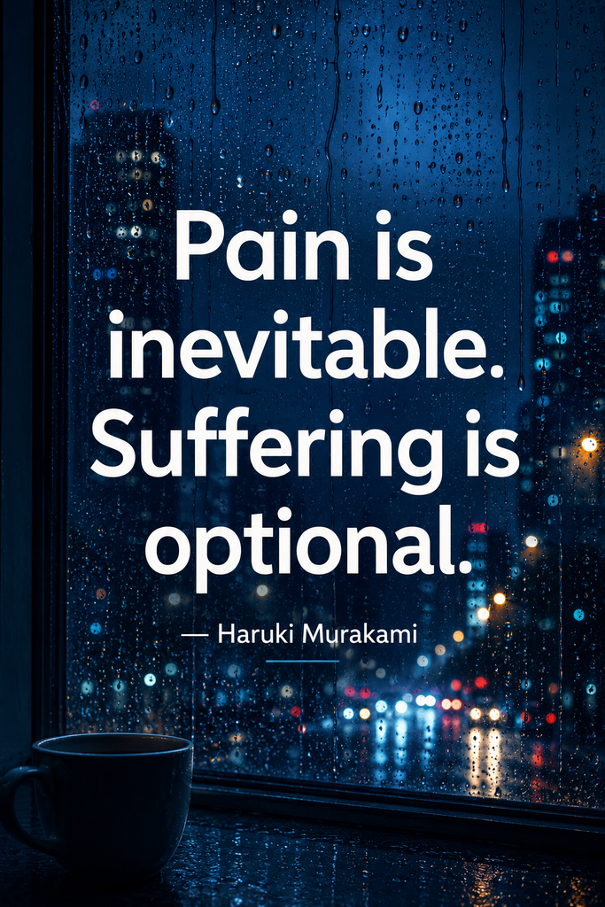 Rainy window reflecting city lights at night with a Haruki Murakami quote about pain and suffering.