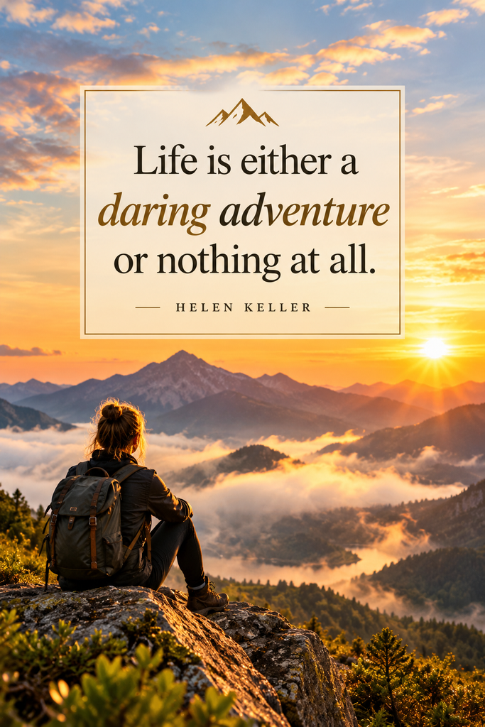 An adventurous typography graphic showing Helen Keller's inspiring good life quote.