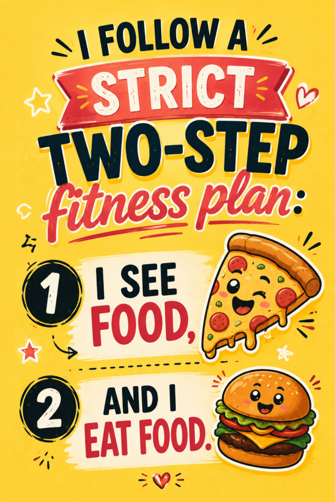Vibrant soft yellow Pinterest pin with bold typography and a cute cartoon pizza graphic showing a funny food quote.
