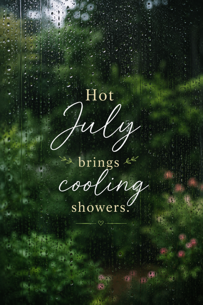 Rain droplets on a window with a green garden background, featuring the quote 'Hot July brings cooling showers'.