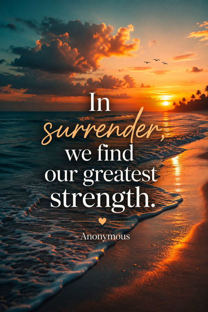 Peaceful sunset ocean waves representing surrender, freedom, and inner strength with an inspiring quote.