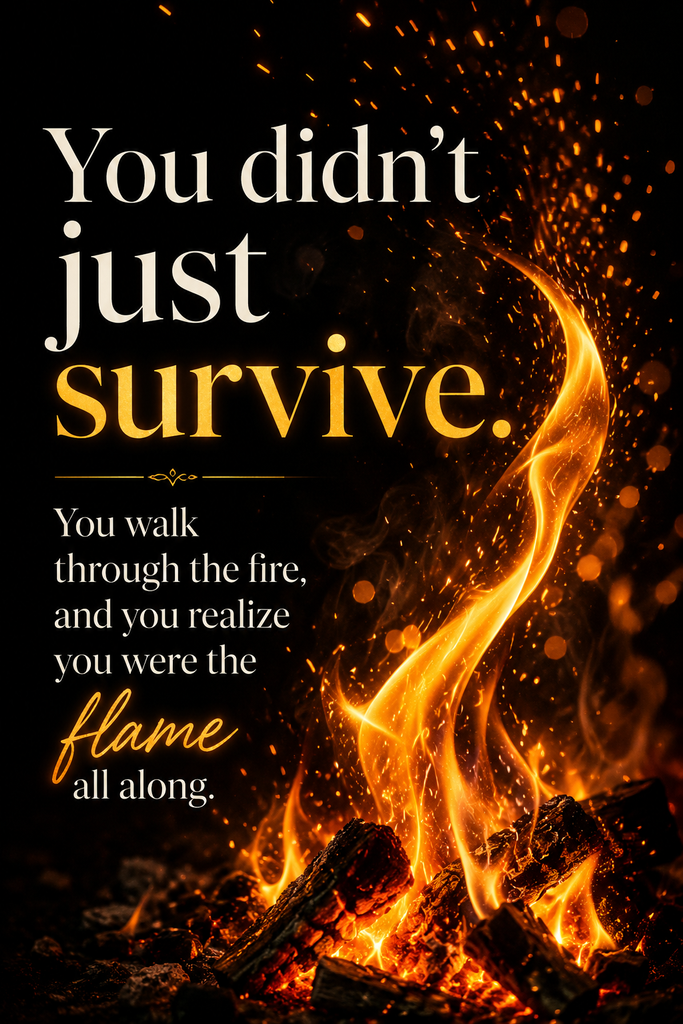 Glowing warm golden sparks and amber embers on a deep dark background, highlighting an empowering quote about walking through the fire and being the flame.