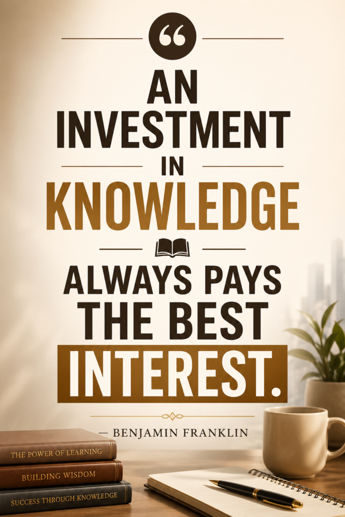 Clean corporate aesthetic layout with soft beige tones highlighting Benjamin Franklin's knowledge investment quote.