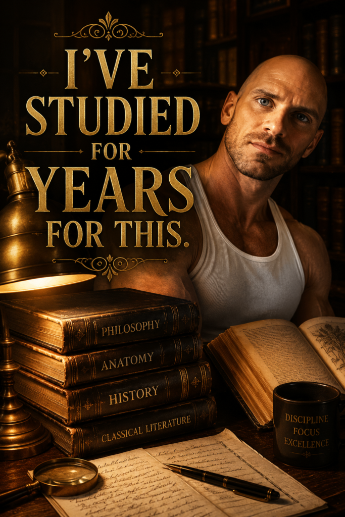Antique books under warm light with the text "I've studied for years for this."