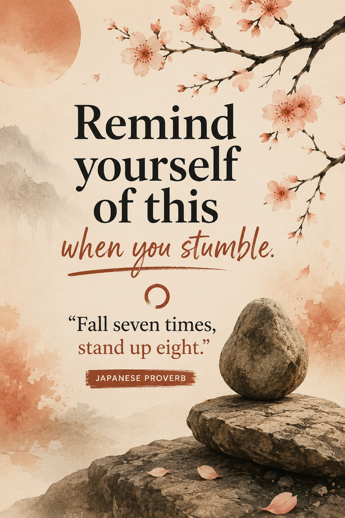 Minimalist zen aesthetic with a soft terracotta watercolor background and a delicate cherry blossom branch silhouette, displaying a Japanese proverb about resilience.