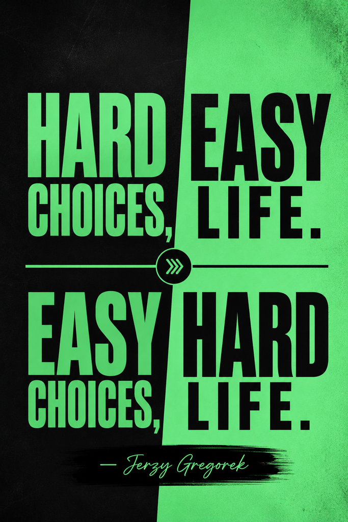 High contrast typography pin displaying Jerzy Gregoreks quote on hard choices and an easy life.