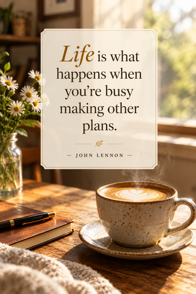 A peaceful graphic featuring a John Lennon good life quote emphasizing living in the present moment.