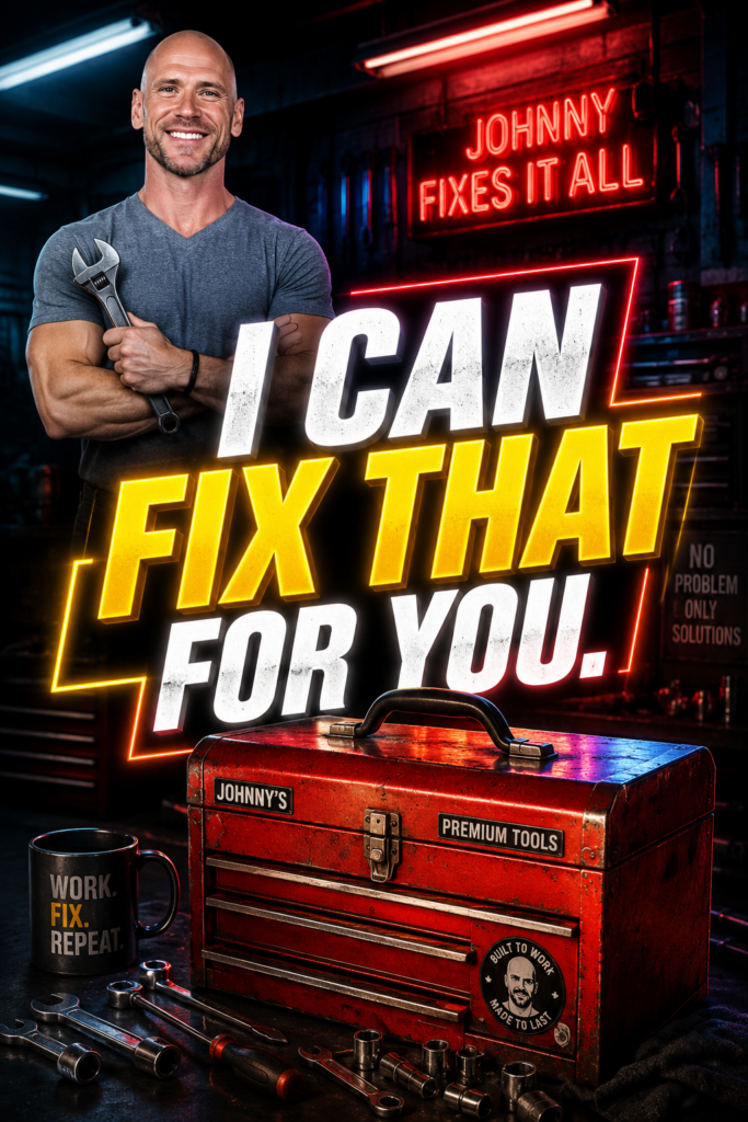 Neon-lit garage with a toolbox and the bold text "I can fix that for you."