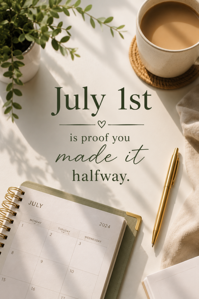 Clean desk setup with a planner and sunlight, featuring the text 'July 1st is proof you made it halfway'.