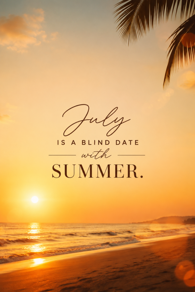 Aesthetic golden hour beach sunset background with the text 'July is a blind date with summer'.