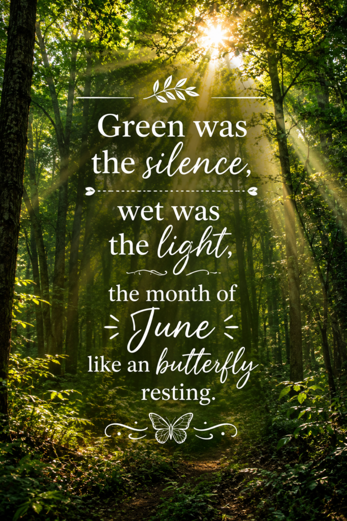 A lush green forest canopy with natural sunbeams, featuring the quote: "Green was the silence, wet was the light, the month of June like an butterfly resting. – Pablo Neruda"