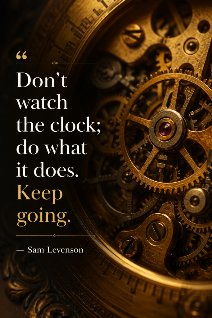 Macro view of clock gears turning with the Sam Levenson quote about keeping going.