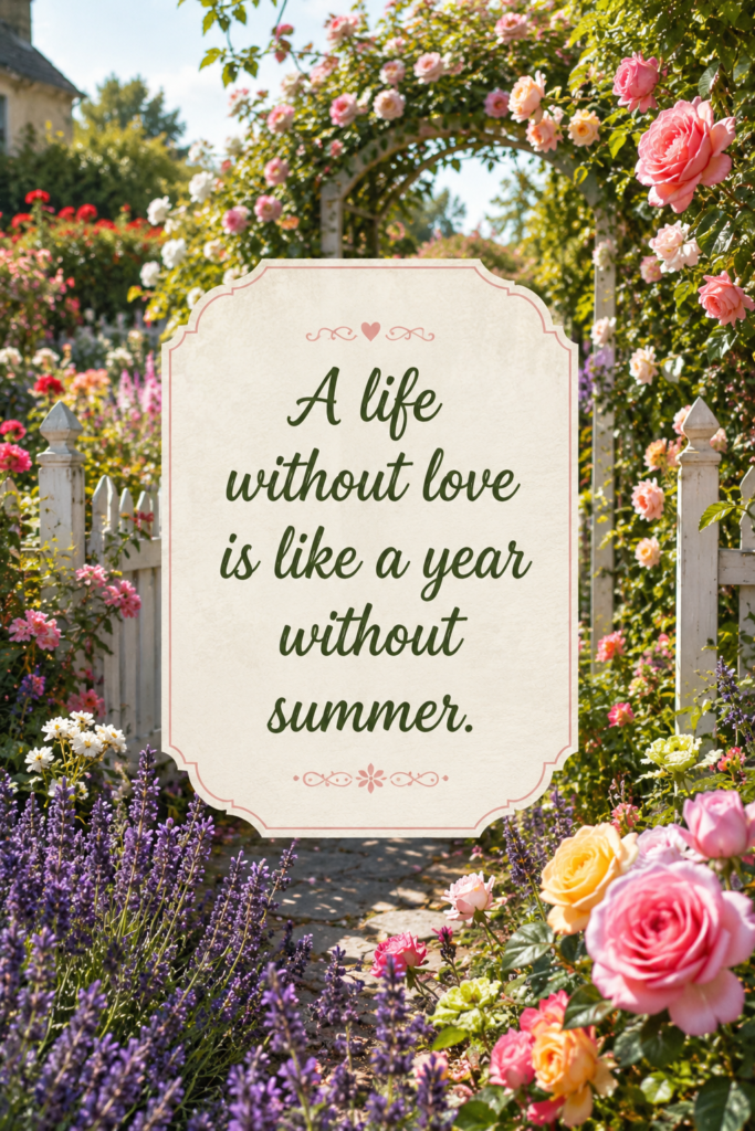 A close-up shot of a vibrant summer garden in full bloom, featuring the quote: "A life without love is like a year without summer. – Swedish Proverb"