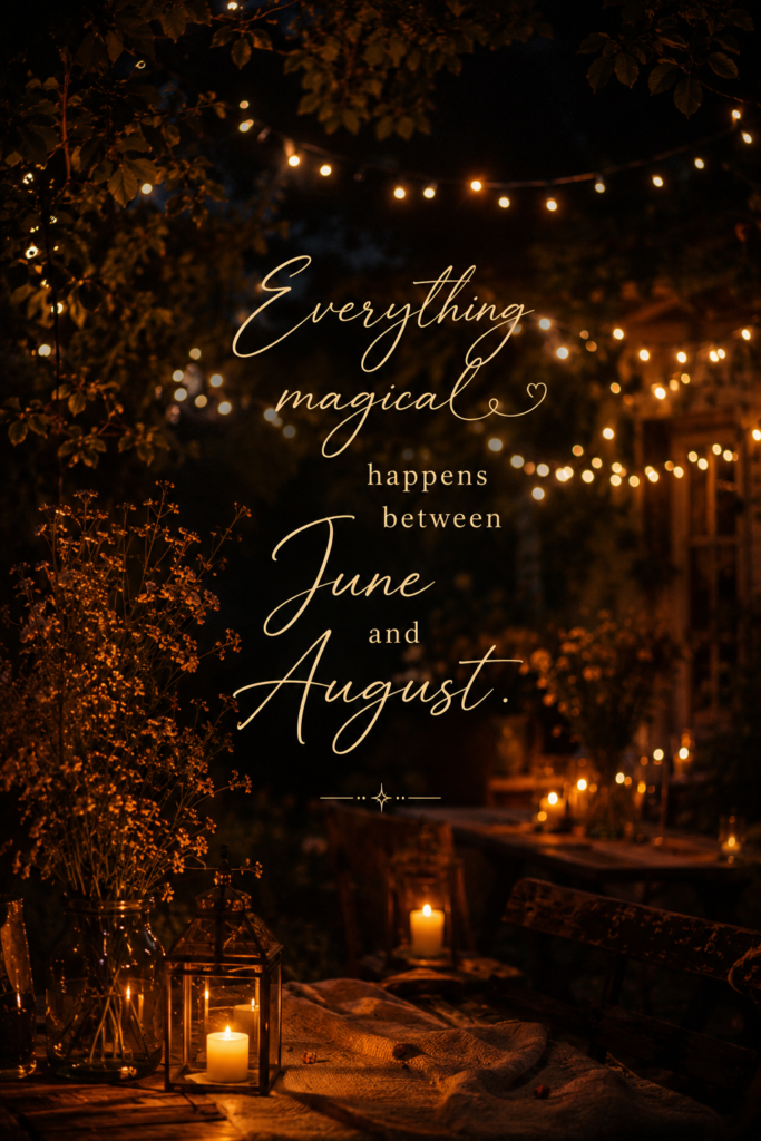 Cozy summer evening scene with fairy lights and bokeh, featuring the quote 'Everything magical happens between June and August'.