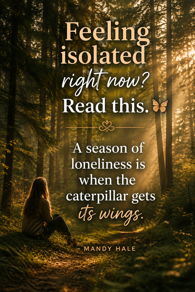 Ethereal golden hour sunlight filtering through tall pine trees in a dreamy forest, featuring a Mandy Hale quote comparing isolation to a caterpillar getting its wings.