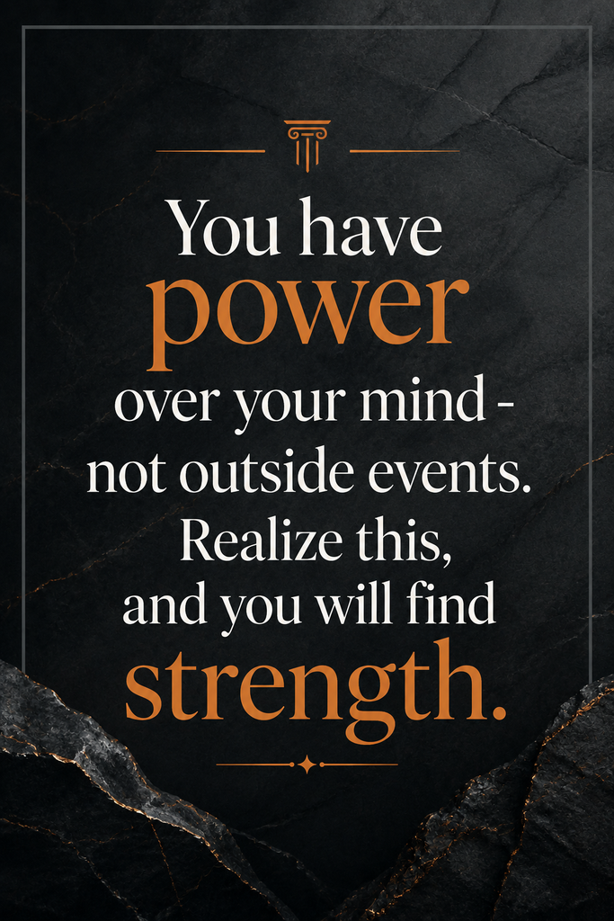 Minimalist dark gray pin featuring a powerful Marcus Aurelius quote about controlling the mind.