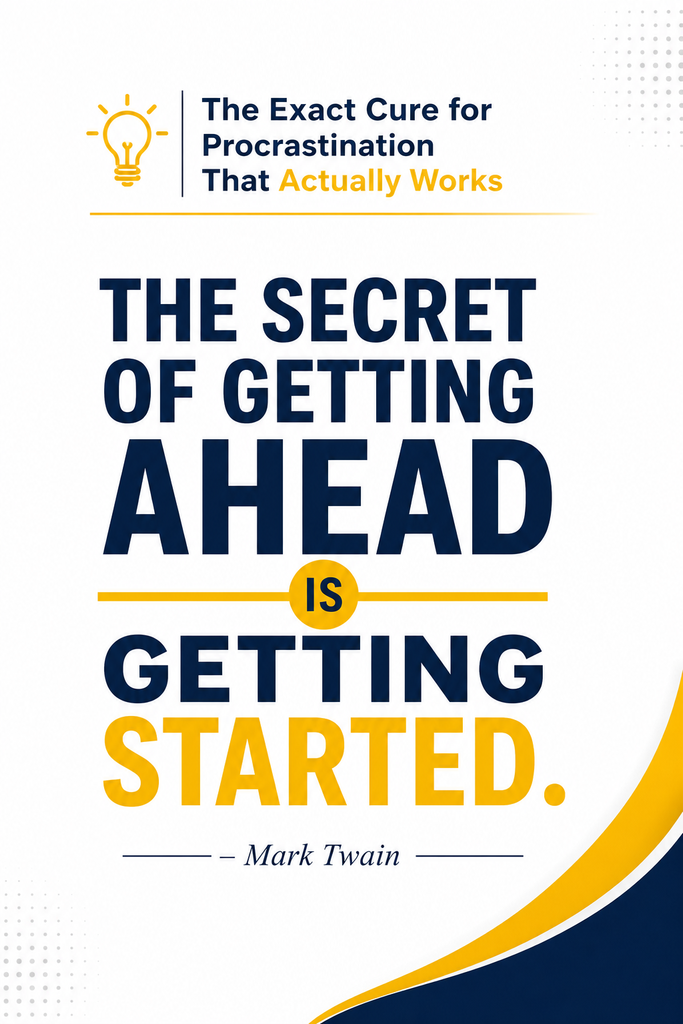 Clean minimalist white background with bold typography showcasing a Mark Twain quote about starting.