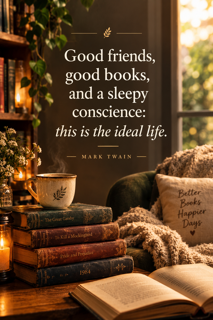 A warm, inviting graphic displaying Mark Twain's cozy good life quote about books, friends, and peace.