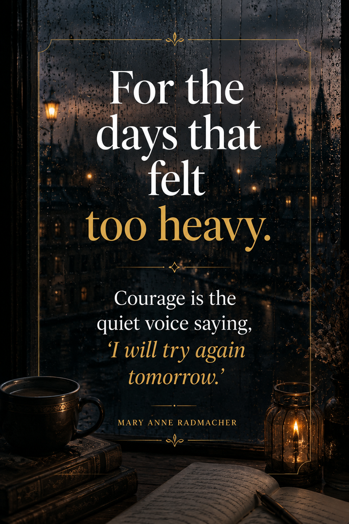 Moody dark-academia windowpane with subtle rain streaks at dusk, featuring a Mary Anne Radmacher quote about quiet courage.