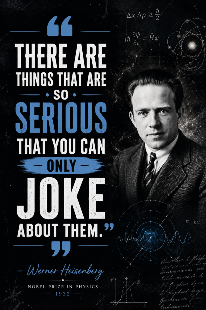 Abstract conceptual dark aesthetic layout displaying Werner Heisenberg's quote on humor and intense reality.