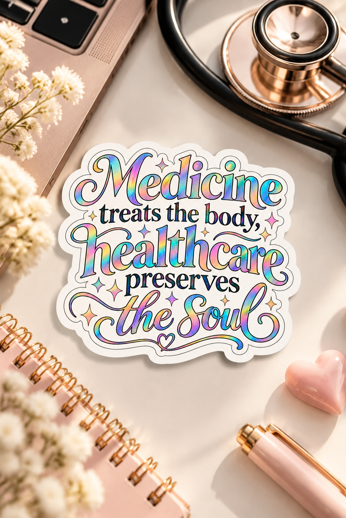 Minimalist holographic die-cut sticker with the text "Medicine treats the body, healthcare preserves the soul".