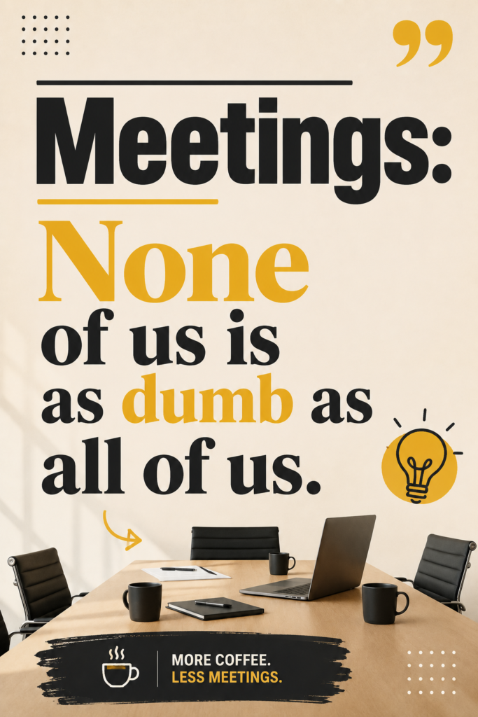 An aesthetic Pinterest pin featuring the humorous quote: "Meetings: None of us is as dumb as all of us."