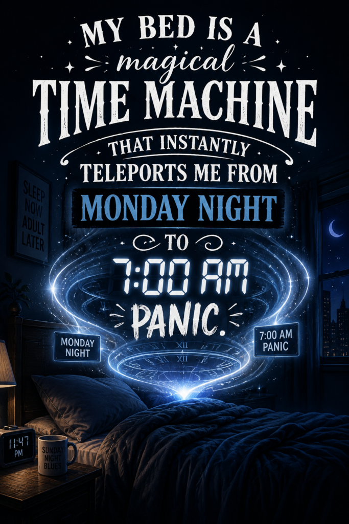 Moody midnight blue Pinterest pin with glowing white text illustrating the dread of Monday morning panic.