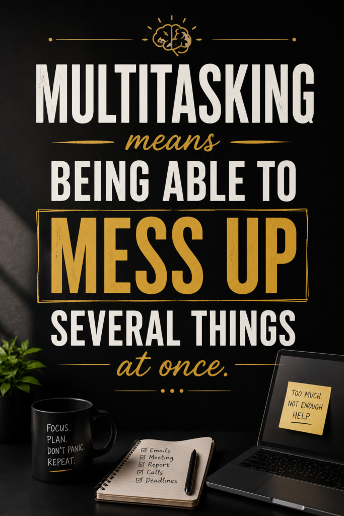 A modern minimalist Pinterest pin featuring the quote: "Multitasking means being able to mess up several things at once."