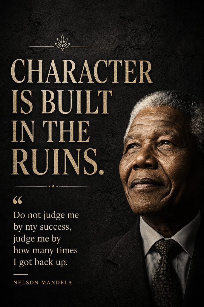 Textured dark charcoal concrete background paired with high-contrast warm cream typography featuring a Nelson Mandela quote about rising after a fall.