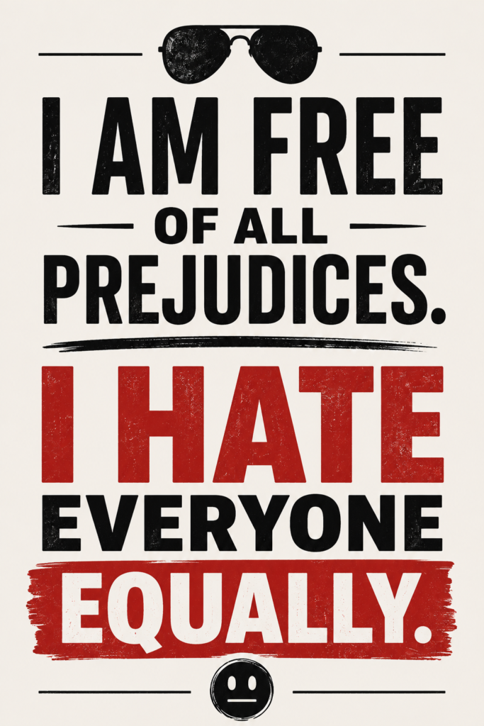 A high-contrast minimalist Pinterest pin featuring the quote: "I am free of all prejudices. I hate everyone equally."