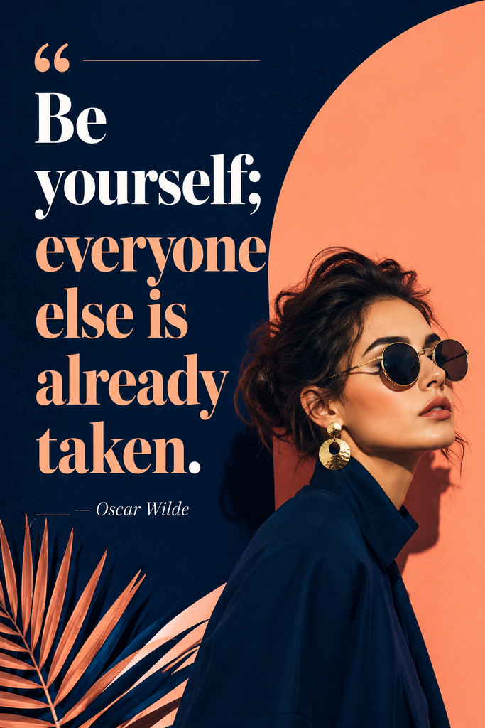 High-fashion editorial style pin displaying the Oscar Wilde quote Be yourself everyone else is already taken.