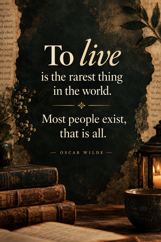 A striking aesthetic graphic highlighting Oscar Wilde's perspective on truly living versus merely existing.