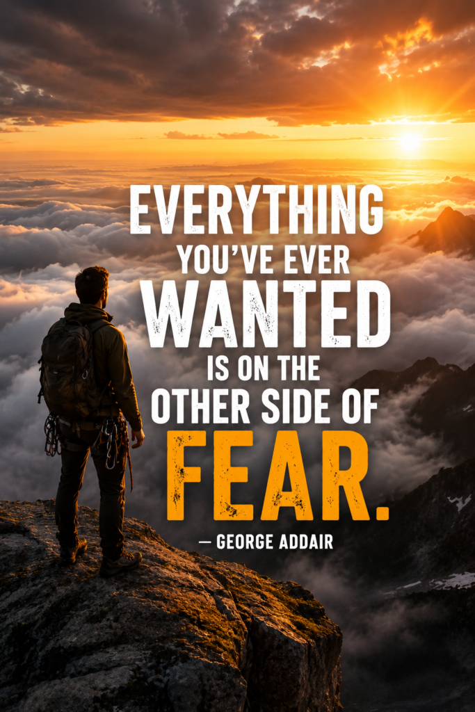 A climber standing on a cliff edge over clouds at sunset with the George Addair quote about fear.