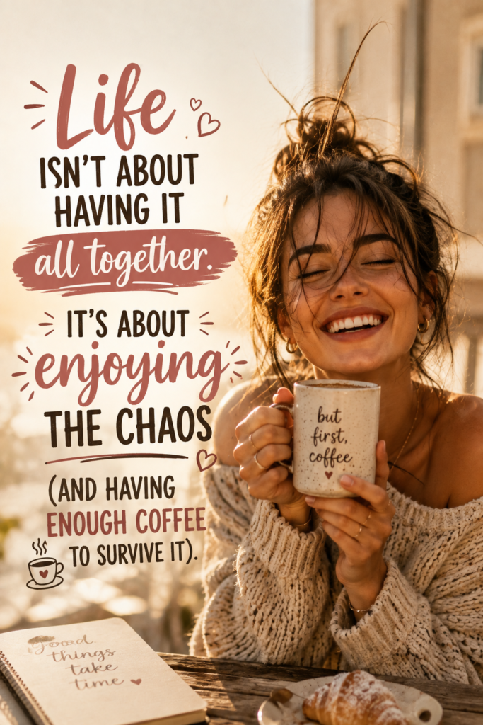 A sun-kissed aesthetic lifestyle photo of a laughing woman holding a coffee mug, featuring subtle relatable imperfections; this pin highlights short funny quotes about life that embrace the beauty of being imperfect.