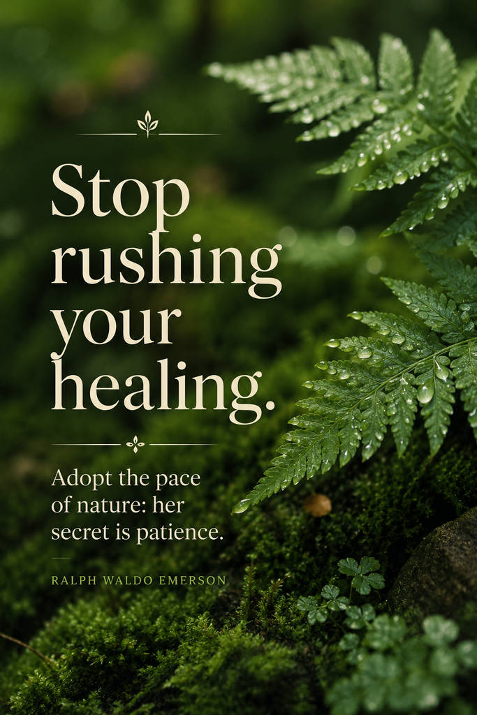 Macro photography of lush green dewy fern leaves with a soft organic blur, featuring a Ralph Waldo Emerson quote about adopting the pace of nature.