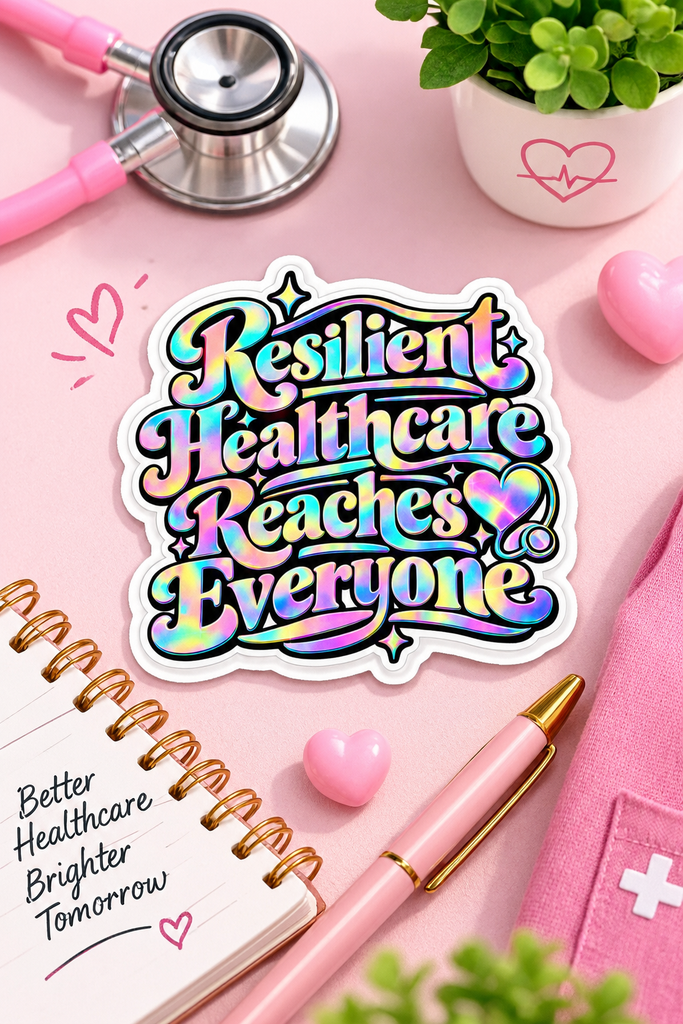 Retro style holographic sticker featuring the typography "Resilient Healthcare Reaches Everyone".