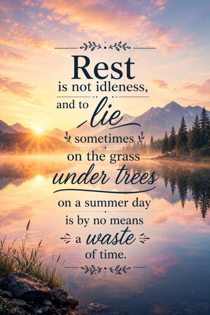 A tranquil lake at sunrise with mist, overlaid with a quote placeholder text.